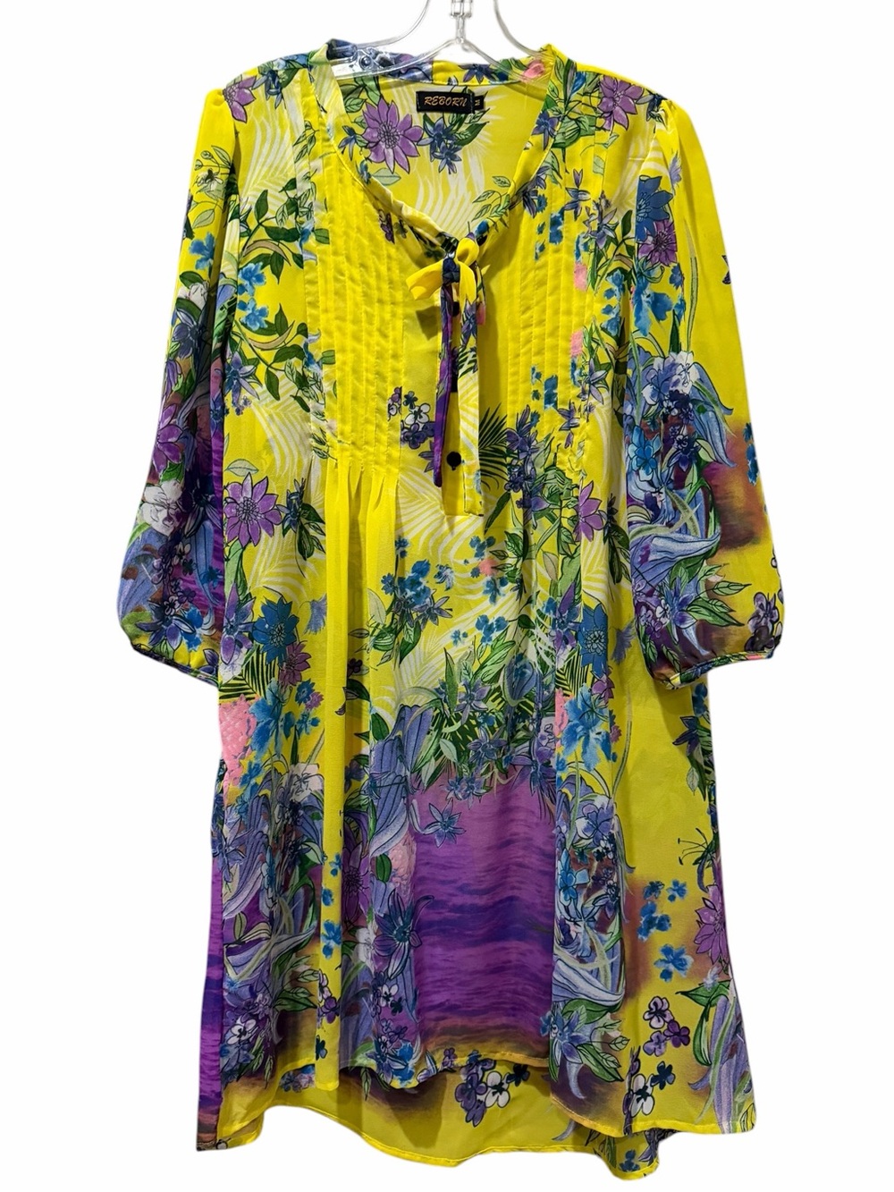 Reborn Medium Bright Floral Semi Sheer Gown Dress Coverup Top B13